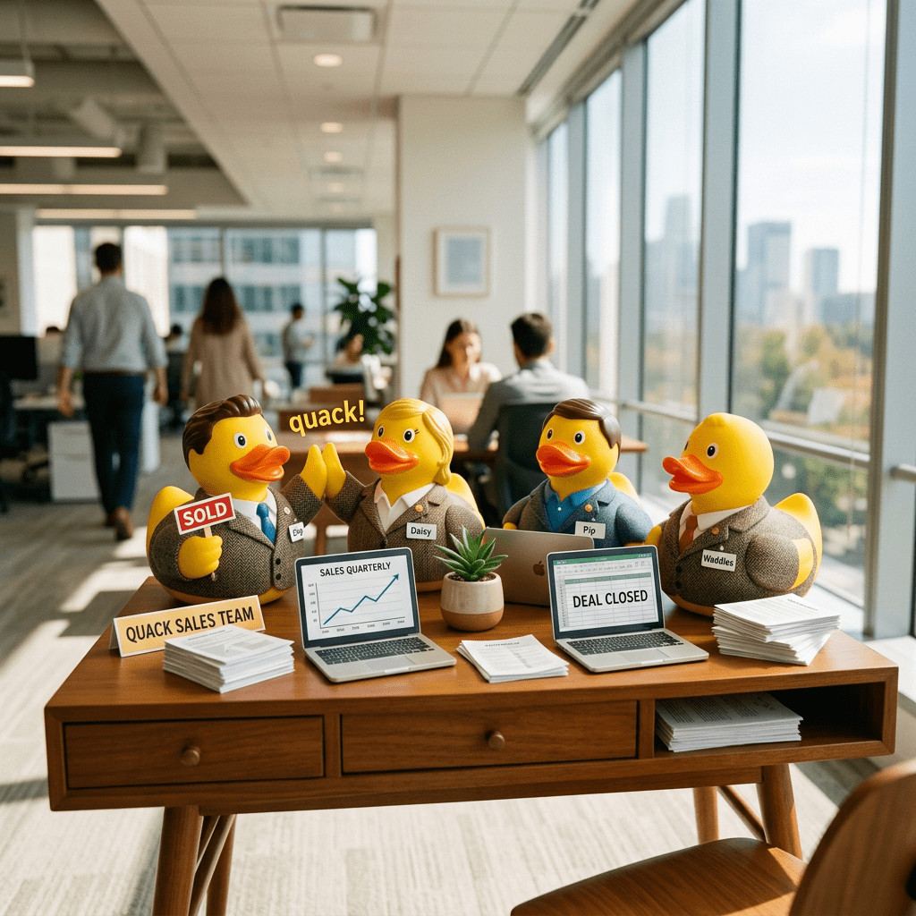 Four rubber ducks dressed as salespeople around a desk with laptops showing sales charts and deal closed